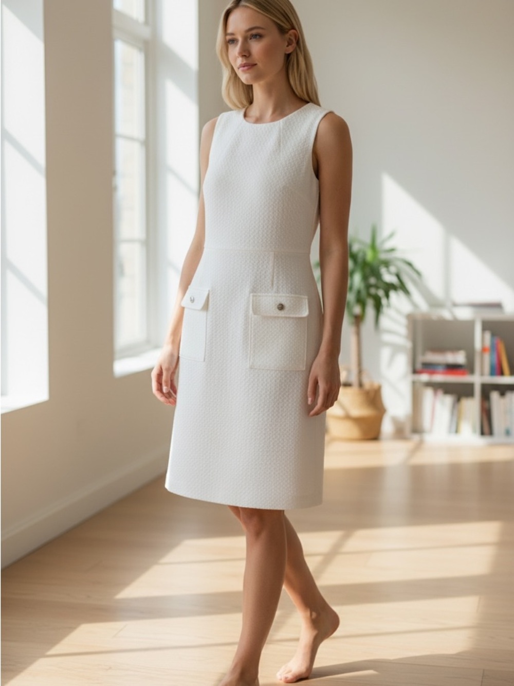 Andrew Marc White Textured Sleeveless Shift Dress with Front Flap Pockets